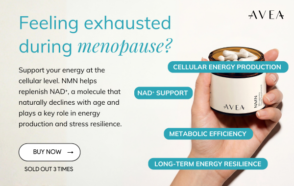 Woman holding AVEA NMN capsules bottle with text about energy support during menopause