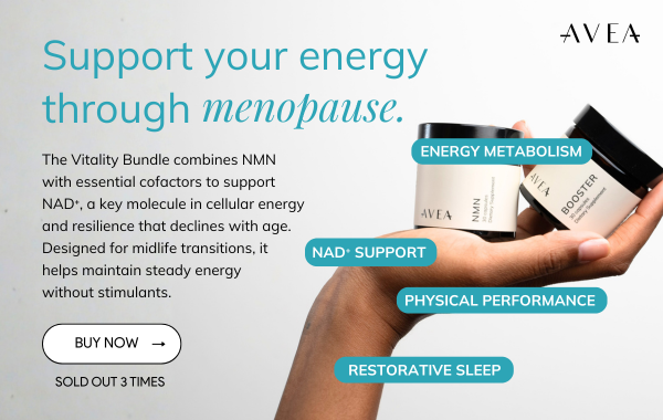 Hand holding AVEA Vitality Bundle supplements highlighting NAD+ support and energy metabolism during menopause