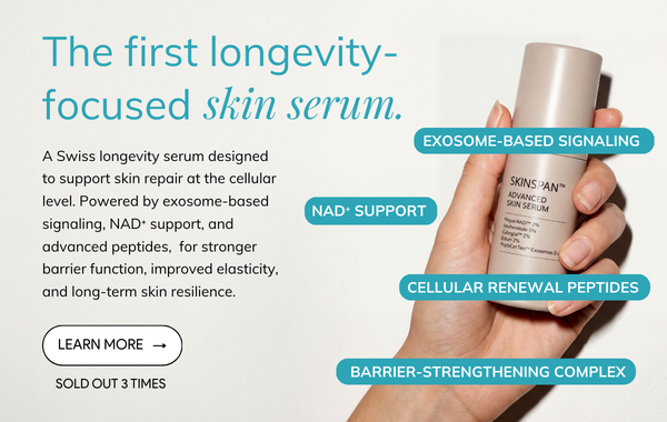 SkinSpan™ Advanced Skin Serum bottle highlighting exosome-based signaling, NAD⁺ support, cellular renewal peptides, and skin barrier strengthening