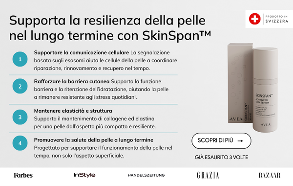 Flacone di SkinSpan™ Advanced Skin Serum che evidenzia la segnalazione basata sugli esosomi, il supporto del NAD⁺, i peptidi per il rinnovamento cellulare e il rafforzamento della barriera cutanea.