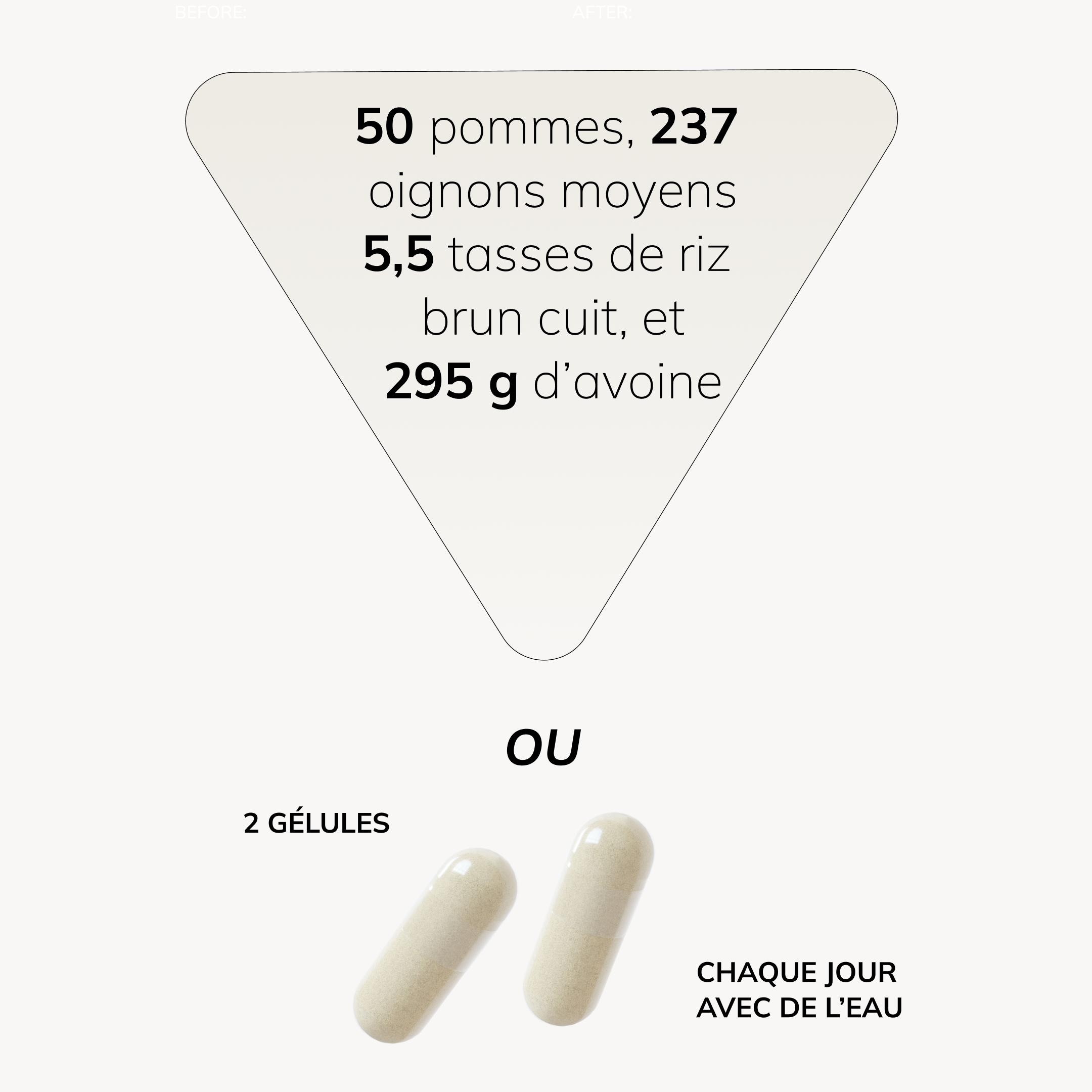 50 pommes, 237 oignons de taille moyenne, 5,5 tasses de riz complet cuit et 295 g de flocons d'avoine ou 2 gélules Cell Primer.