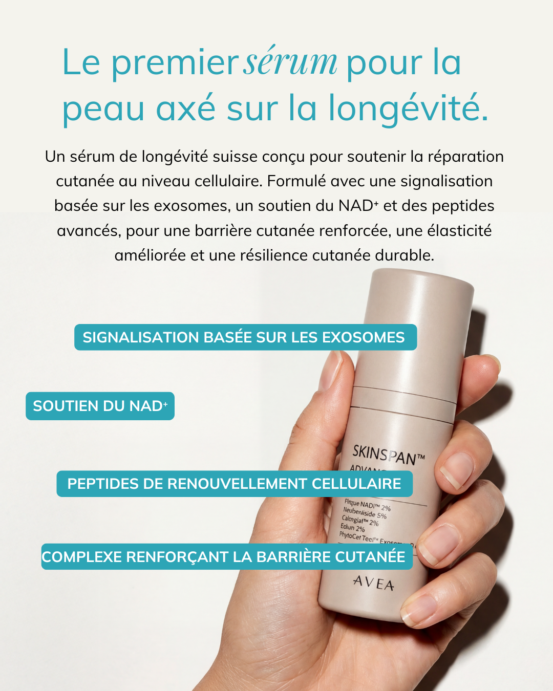 Flacon de SkinSpan™ Advanced Skin Serum mettant en avant la signalisation basée sur les exosomes, le soutien du NAD⁺, des peptides de renouvellement cellulaire et le renforcement de la barrière cutanée