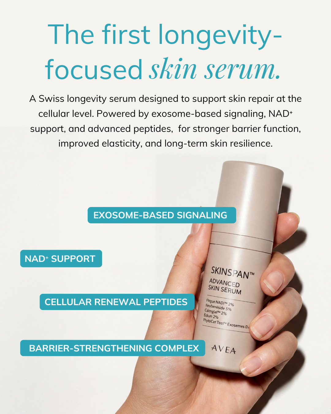 SkinSpan™ Advanced Skin Serum bottle highlighting exosome-based signaling, NAD⁺ support, cellular renewal peptides, and skin barrier strengthening