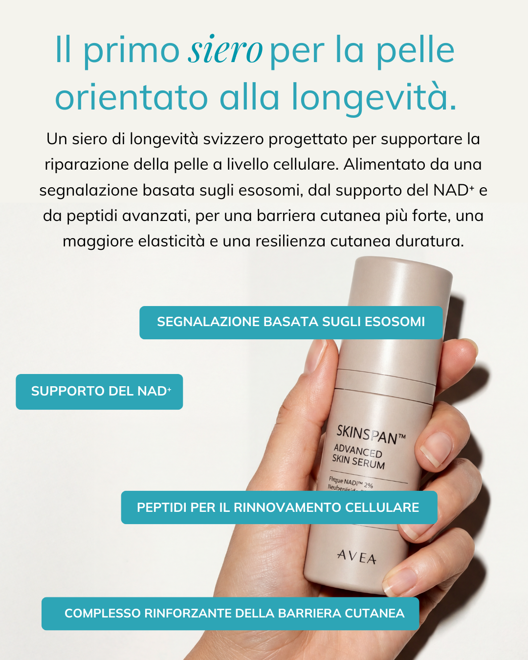 Flacone di SkinSpan™ Advanced Skin Serum che evidenzia la segnalazione basata sugli esosomi, il supporto del NAD⁺, i peptidi per il rinnovamento cellulare e il rafforzamento della barriera cutanea
