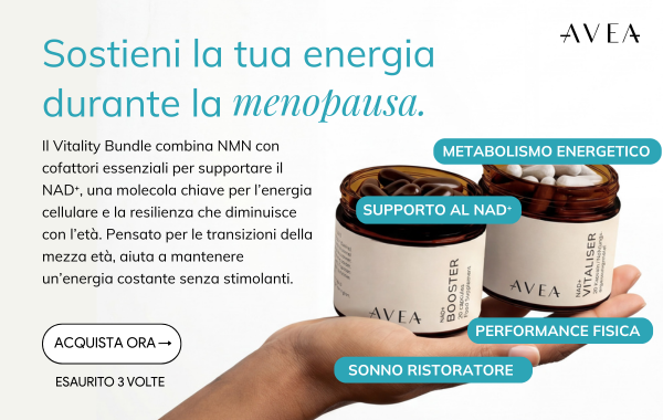Hand holding AVEA Vitality Bundle supplements highlighting NAD+ support and energy metabolism during menopause