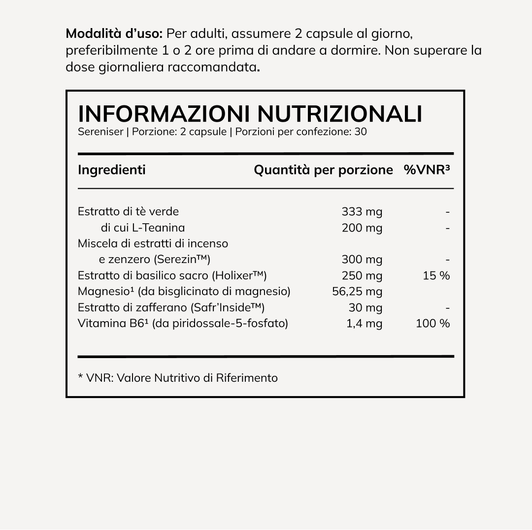 Sereniser valori nutrizionali