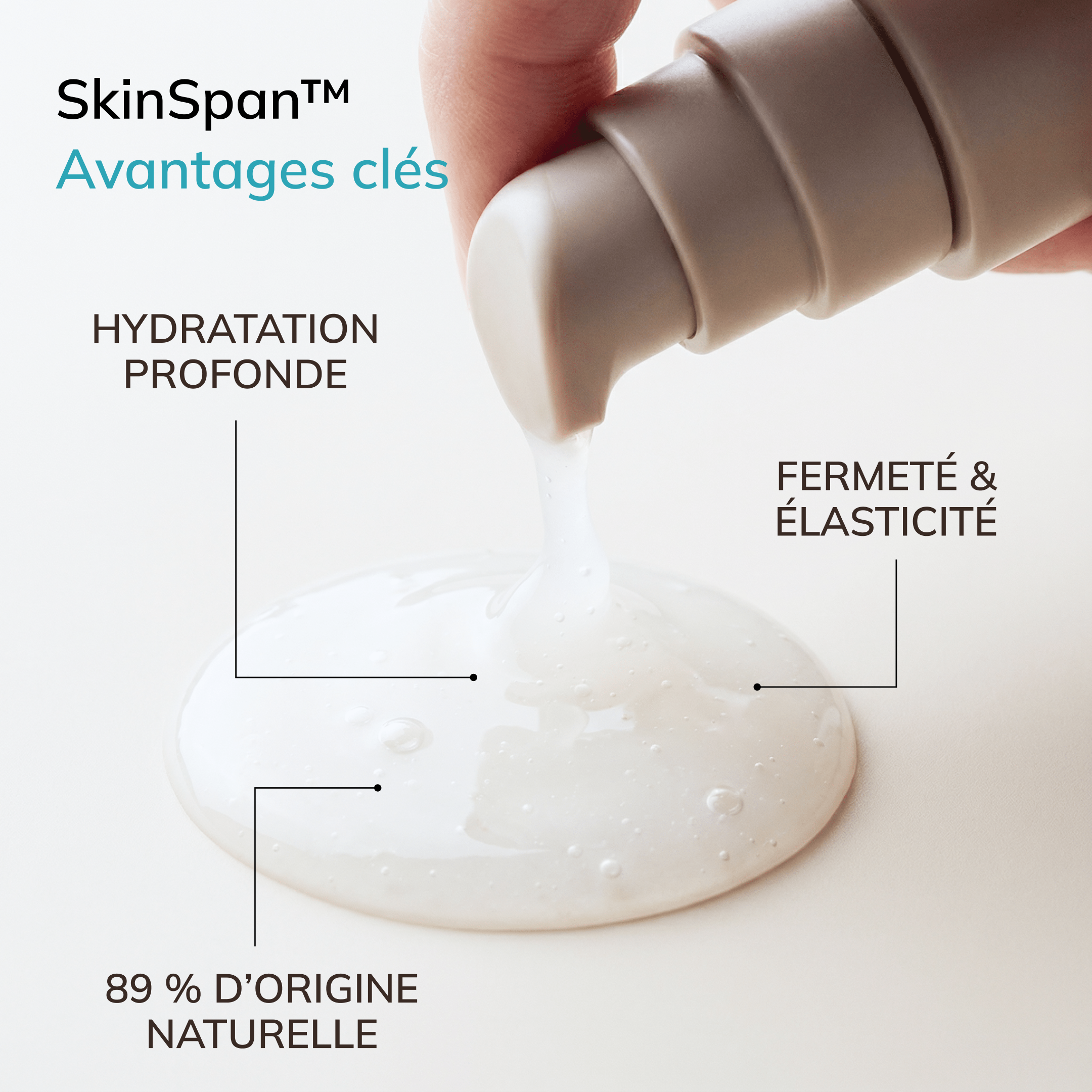 SkinSpan Serum avantages clés: hydratation profonde, fermeté & élasticité, 89% d'origine naturelle.
