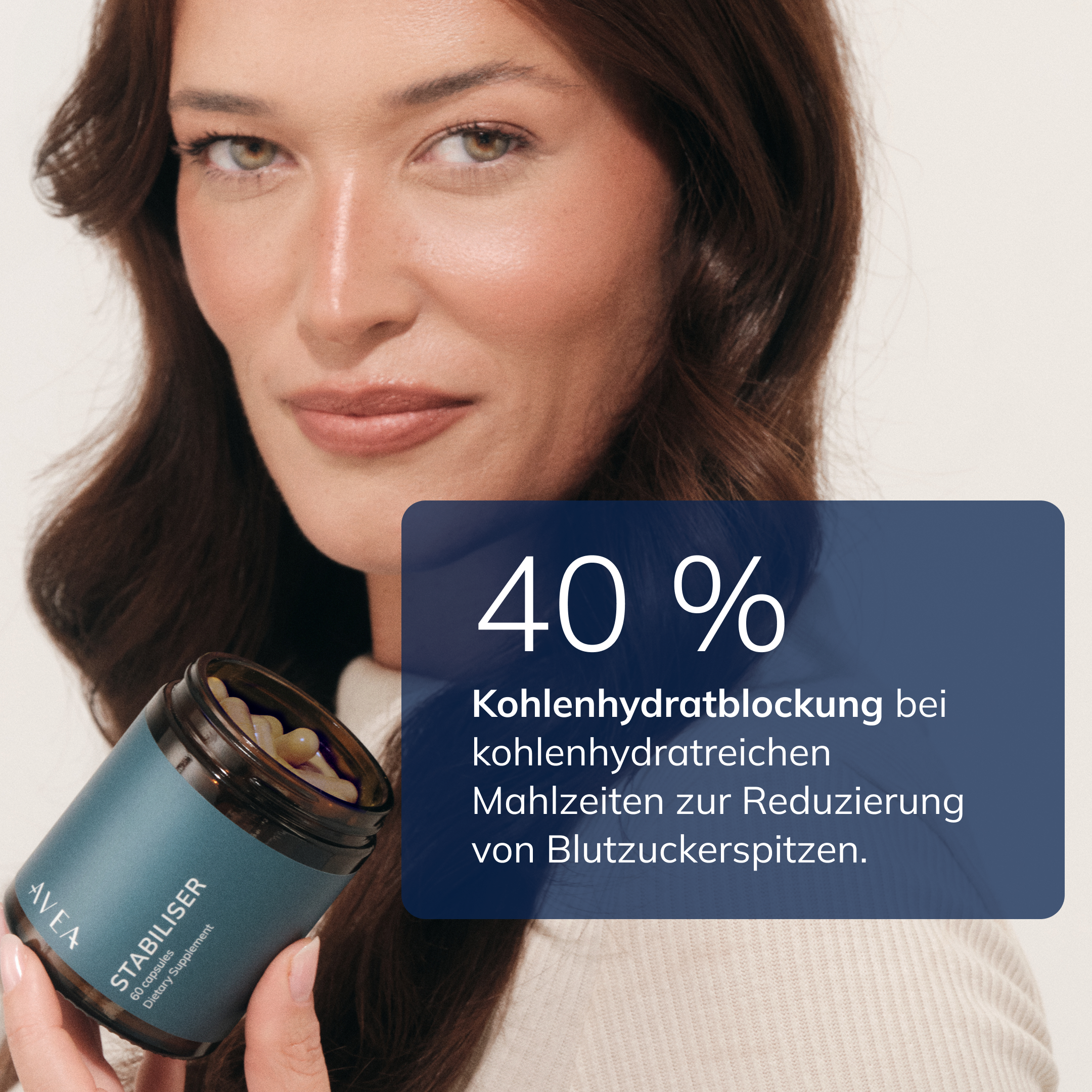 40 % Kohlenhydratblockung bei kohlenhydratreichen Mahlzeiten zur Reduzierung von Blutzuckerspitzen.